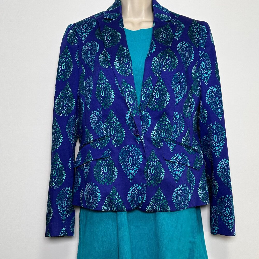 JONES NEW YORK Cotton PAISLEY BLAZER in Blue & Green sz 6 Dopamine Y2K Rare